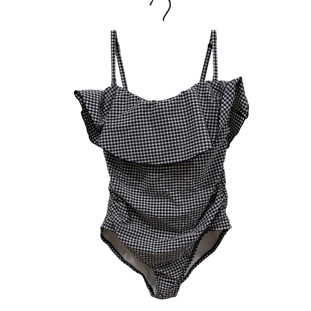 Kona Sol Navy Gingham Ruffle One Piece Swimsuit Large Checkered Ruching